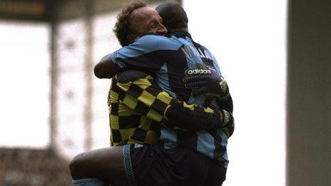 Steve Ogrizovic is hugged by Paul Williams at White Hart Lane, May 1997