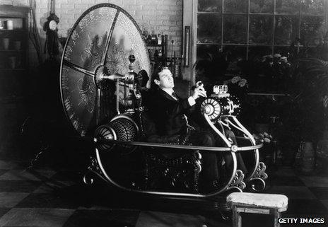 Rod Taylor tests his time machine in a still from the film The Time Machine