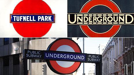 Roundels: (Clockwise) 1908 solid disc, Edward Johnston's 1920 roundel and current roundel