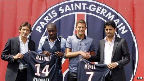 Leonardo, Blaise Matuidi, Jeremy Menez and Nasser Al-Khelaifi, who is the president of majority shareholders Qatar Sports Investment