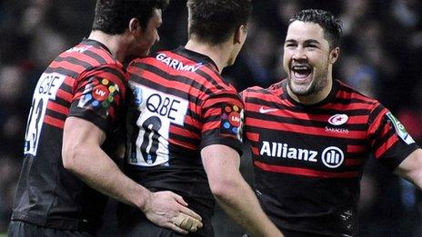 Saracens' Brad Barritt congratulates Owen Farrell