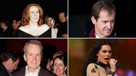 (clockwise from top left): Catherine Tate, Alastair Campbell, Jessie J, Frank Skinner