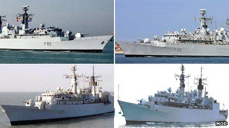 Clockwise from top left - HMS Cumberland, HMS Campbeltown, HMS Chatham and HMS Cornwall