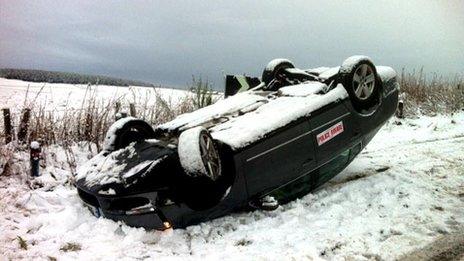 Car on roof on B977