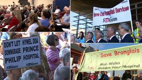 A montage of protests held previously in mid and south Wales about Hwyel Dda's shake-up plans