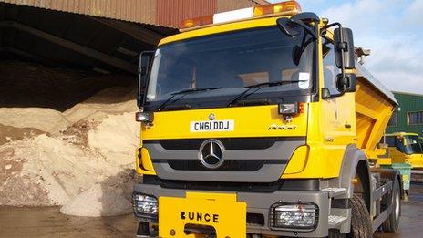 A gritter outside a salt barn in Monmouthshire