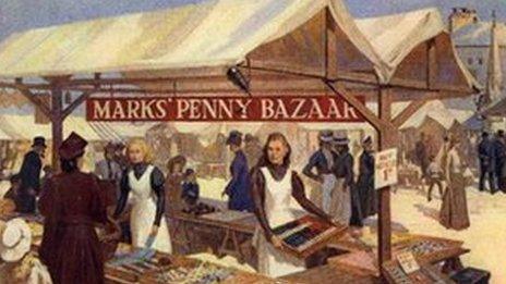 Image of the original Marks' Penny Bazaar at Leeds Market in 1884