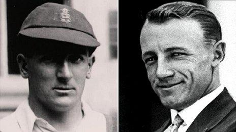 Harold Larwood (l) and Don Bradman