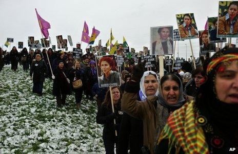 Mourners gather at Villiers le Bel, north of Paris, for a memorial ceremony for the three Kurdish women shot dead last week, 15 January