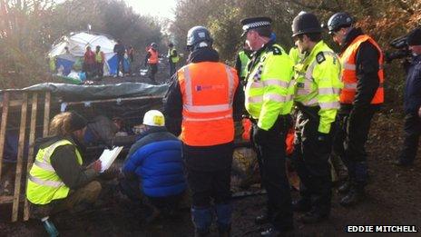 Bailiffs, police and protesters at the anti-road camp in Combe Haven Valley