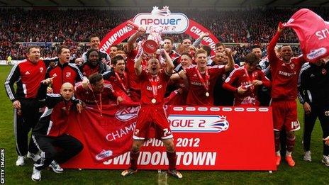 Swindon Town players celebrate the League Two title