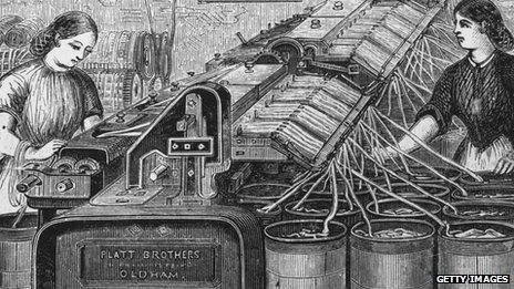 Image of women working in a cotton factory in Oldham (1870)