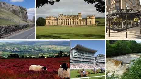 Clockwise from top left: Kilnsey Crag, Harewood House, Betty's tea rooms, Aysgarth Falls, York Racecourse and Ilkley Moor