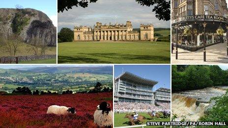 Clockwise from top left: Kilnsey Crag, Harewood House, Betty's tea rooms, Aysgarth Falls, York Racecourse and Ilkley Moor