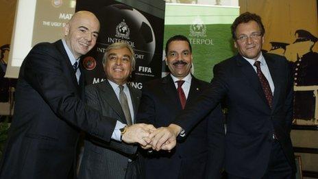 From left to right: Uefa Secretary General Gianni Infantino, Italian Police Deputy Chief Francesco Cirillo, Interpol Secretary General Ronald Noble and Fifa Secretary General Jerome Valcke shake hands in Rome