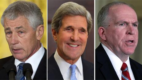 Chuck Hagel (left), John Kerry (centre) and John Brennan (right)