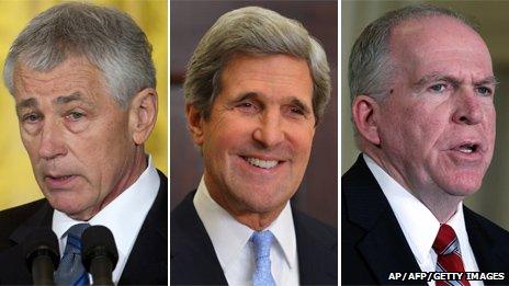 Chuck Hagel (left), John Kerry (centre) and John Brennan (right)