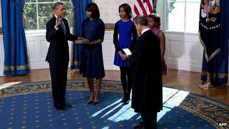 Barack Obama sworn in at the White House on Sunday 20th January, a day before the public inauguration