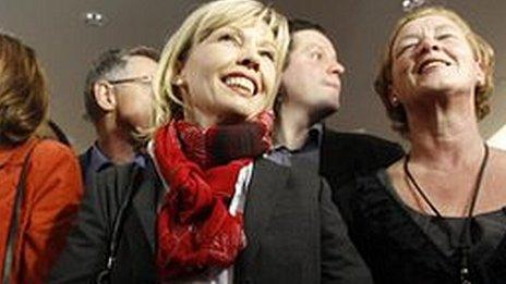 Doris Schroeder-Koepf (C) candidate of the Social Democrats (SPD) reacts after first exit polls for the Lower Saxony federal state election in Hanover on 20 January.