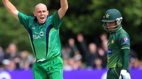 Ireland's Trent Johnston appeals for lbw against Pakistan's Taufeeq Umar