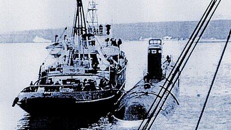 K-27 sub being towed prior to being scuttled off Novaya Zemlya, 1981