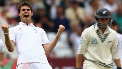 James Anderson celebrates after dismissing Daniel Flynn