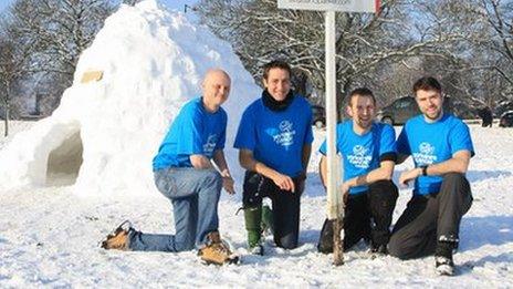 L-R: Craig Parker, Mark Baranovsky, Carl Baranovsky and Greg Davies outside igloo