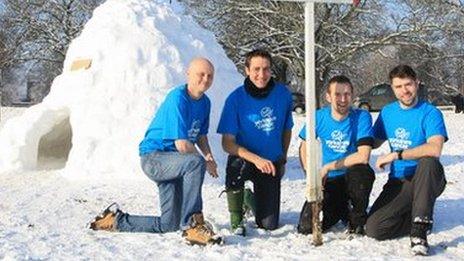 L-R: Craig Parker, Mark Baranovsky, Carl Baranovsky and Greg Davies outside igloo