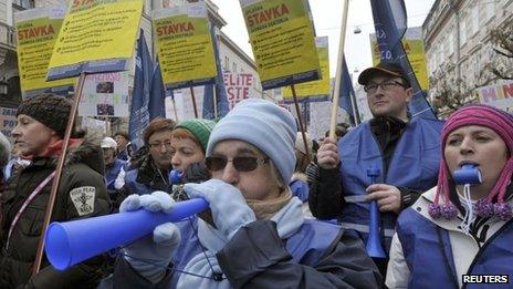 Protesters march during public sector workers' strike in Ljubljana - 23 January