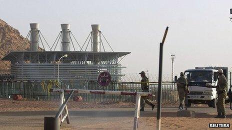 A checkpoint is seen at the entrance of a gas field near Zarzaitine in In Amenas, 1,600km (994 miles) southeast of Algiers, 22 January 2013