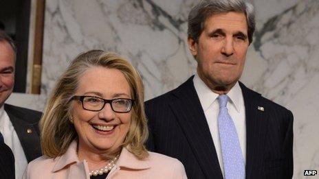 US Senator John Kerry (right) with US Secretary Hillary Clinton on Capitol Hill in Washington DC on 24 January 2013