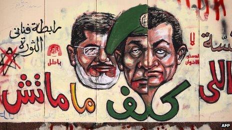 Graffiti showing the face of Mubarak morphing into that of the former military leader, Gen Tantawi with President Morsy behind.