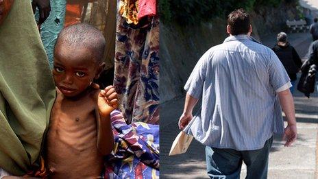 malnourished child and obese man