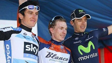 Geraint Thomas (left), Tom-Jelte Slagter (centre), Javier Moreno (right)