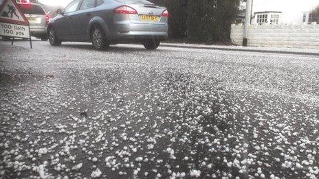 Hailstones on the road in Rhiwbina, Cardiff