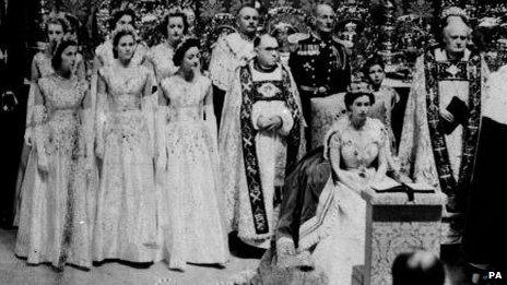 The Queen at her coronation in Westminster Abbey