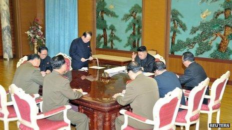 North Korean leader Kim Jong-un (C) presides over a meeting on state security in an undated picture released by North Korea's official KCNA news agency in Pyongyang on 27 January 2013