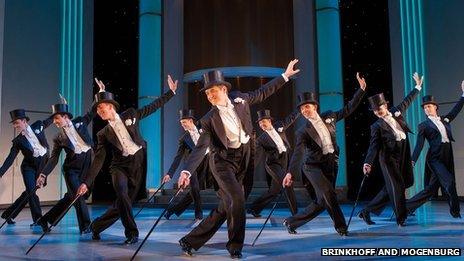 Tom Chambers (centre) with the male ensemble of Top Hat