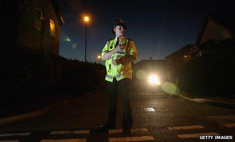 Police officer on night patrol