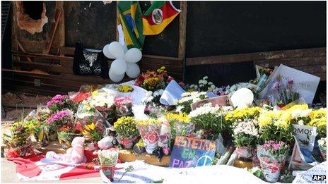 Flowers left in front of the Kiss nightclub in Santa Maria, southern Brazil