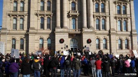 Protesters gathered in front of the of the Jefferson County Courthouse in Steubenville, Ohio, 5 January 2013