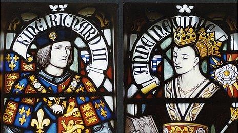 Stained glass window of Richard III and his wife Anne Neville