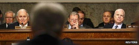 US Senators Carl Levin, James Inhofe and John McCain during a Senate hearing on 31 January 2013