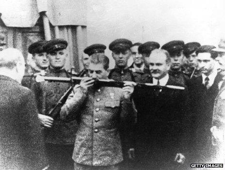 British Prime Minister Winston Churchill presenting Josef Stalin of Russia with the Sword of Stalingrad in acknowledgement of the victory, Tehran, 29 November 1943