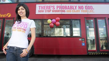 Bus with banner ad reading "There's probably no god - now stop worrying and enjoy your life"