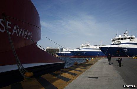 Ferries docked in Piraeus, near Athens, 3 February