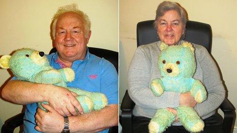 Two separate photos of Bill and his wife each holding "Ted E. Bear"