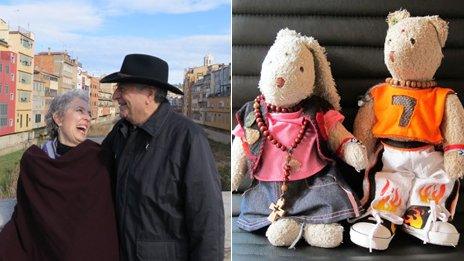 Elyn and her husband on a bridge on the left. Their teddy bears Camila and Arthur on the right.