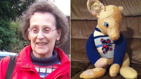 Vera and her patched up bear with one eye, "Big Ted"