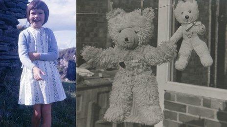 Paula as a child (l) and "Big Ted" and the lost "Little Ted" hanging out to dry on a washing line